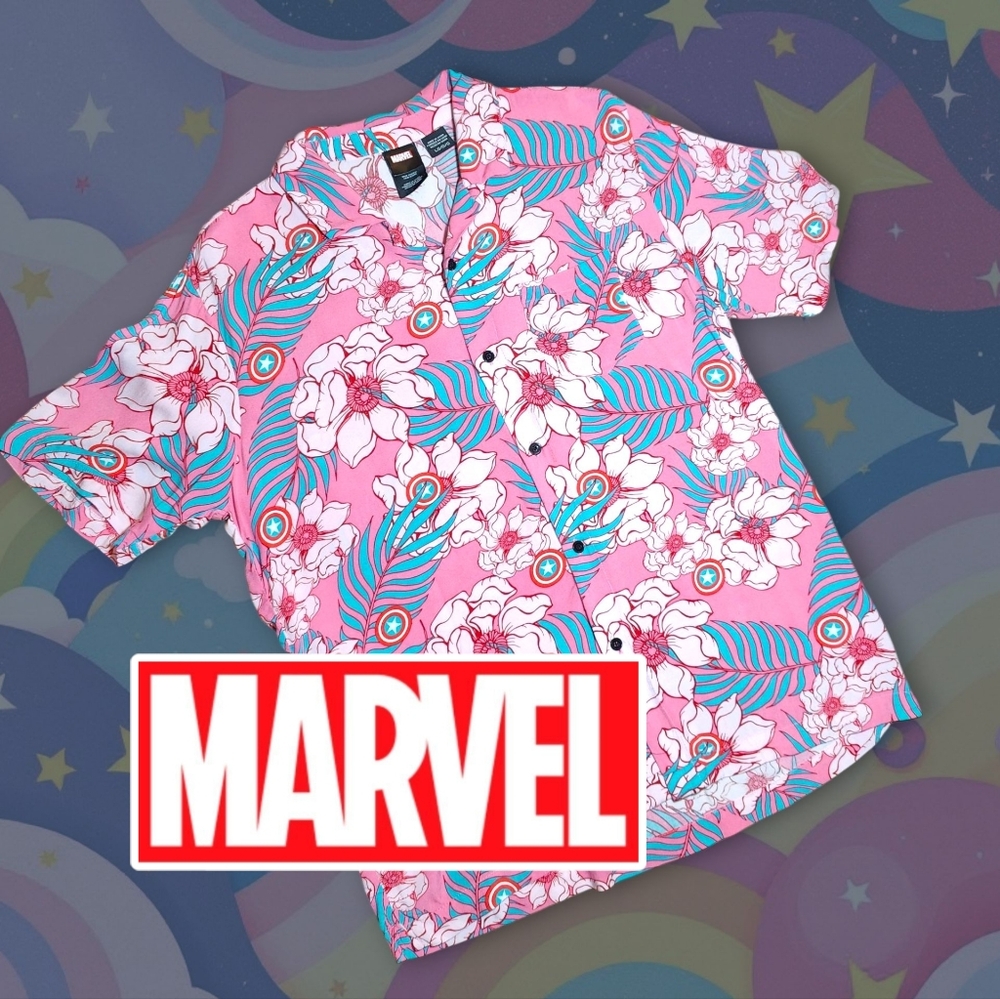 Men's MARVEL CAPTAIN AMERICA Button Front Side Slit Hawaiian Shirt